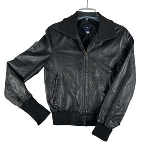 Vintage Gap Leather Bomber Jacket Womens Medium Ribbed High Collar Zip Pockets
